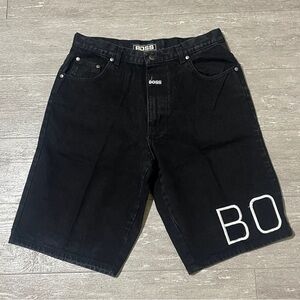 Vintage Boss Shorts Mens 36 Black Denim Carpenter Long Baggy Relaxed Fit 90s Y2K